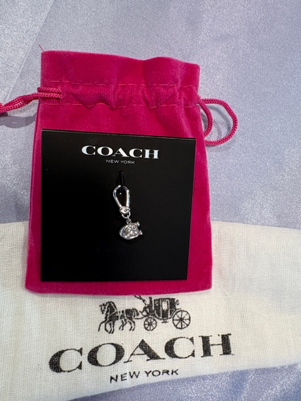 NWT Coach Silver Crystal Heart Charm with Pink Velvet Pouch